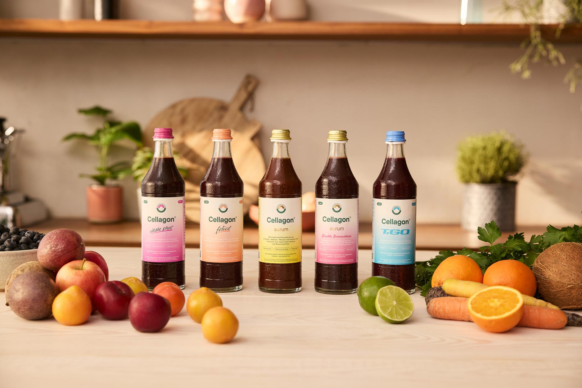 Cellagon Produktübersicht - Vitale Plus, Felicé, Aurum, Dunkle Sommerfrüchte und T.GO